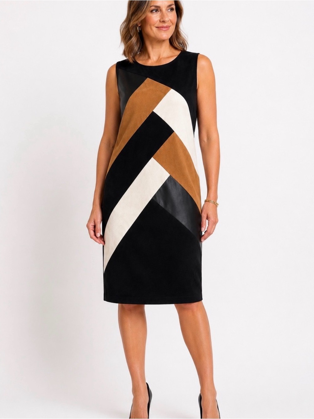 Chico's Faux Leather Suede Criss Cross Colorblock Shift Dress Size 0.5 Small